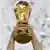 Der italienische Abwehrspieler und Kapitän Fabio Cannavaro reckt im Konfetti-Regen triumphierend den eroberten Fußball-WM-Pokal in die Höhe, zu sehen sind nur die Hände und der Pokal (Foto: Roland Weihrauch/dpa)