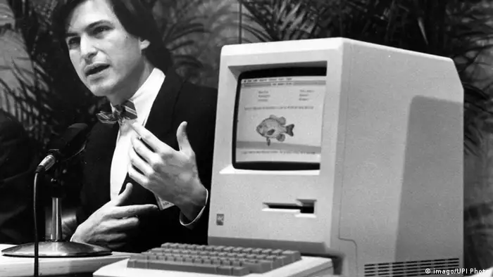 Steve Jobs is seen announcing the Apple Macintosh computer at a shareholders meeting on January 24, 1984.