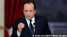 French president Francois Hollande gives a press conference to present his 2014 policy plans, on January 14, 2014 at the Elysee presidential palace in Paris. This high-profile press conference was initially expected to culminate with a key announcement on reforms to spur economic growth and create jobs but it is yet mostly seen as his first public appearance since news of his alleged affair with a French actress became public. AFP PHOTO ALAIN JOCARD (Photo credit should read ALAIN JOCARD/AFP/Getty Images)