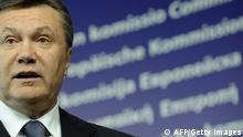 Ukrainian President Viktor Yanukovych speaks during a joint press with European Commission President Jose Manuel Barroso (unseen) after their meeting at the EU headquarters in Brussels on September 13, 2010. AFP PHOTO JOHN THYS (Photo credit should read JOHN THYS/AFP/Getty Images)