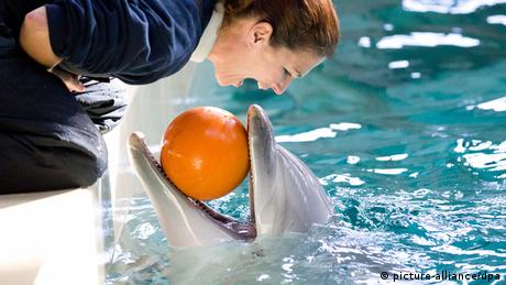 Delfintrainerin Marion Schenner und ihr Delfin