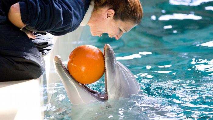 Delfintrainerin Marion Schenner und ihr Delfin