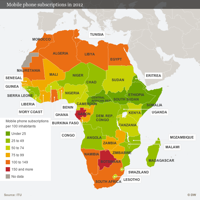 Infografik Karte Verbreitung von Mobilfunkverträgen in Afrika mit Ländernamen ENG