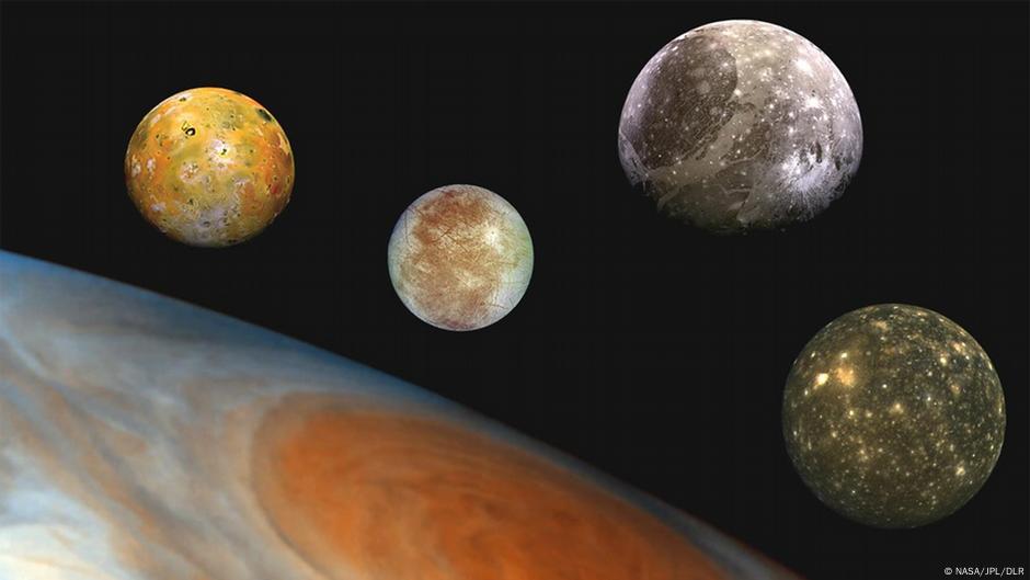 Jupiter i njegovi najpoznatiji sateliti - Io, Evropa, Ganimed i Kalisto. Otkrio ih je Galilej 1610. i zato se zovu Galilejski sateliti.