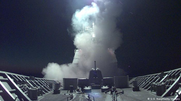 Off the coast of Croatia, a Tomahawk cruise missile launches from a US navy cruiser at targets throughout Kosovo in March 1999.