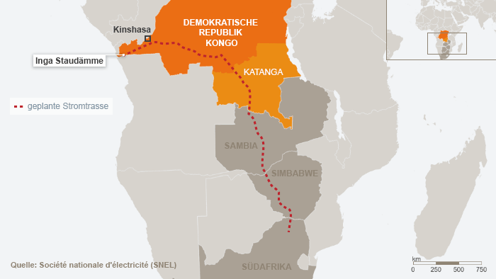 Infografik Geplante Stromtrassen für kongolesisches Inga-Staudammprojekt