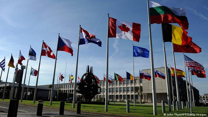 NATO headquarters in Brussels with flags