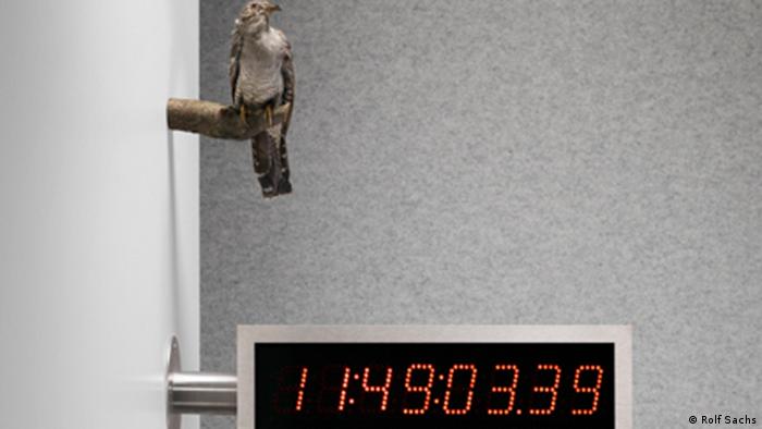 A cuckoo bird is mounted above a digital clock on the wall Photo: by Byron Slater, copyright Rolf Sachs