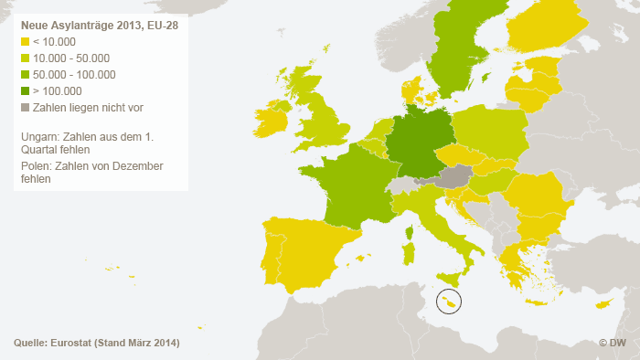 Infografik neue Asylanträge EU-Staaten 2013