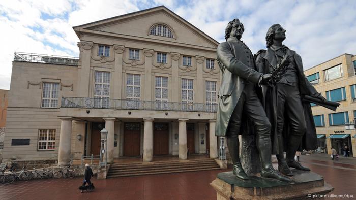 Statues of Goethe and Schiller in front of the former Court Theater in Weimar