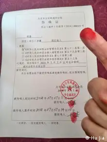 Vorladung zur Polizei an dem chinesischen Bürgerrechtler Hu Jia