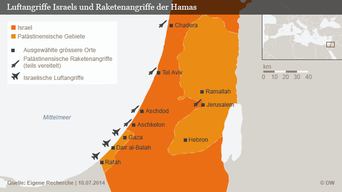 Palästinensische Raketenangriffe sowie israelische Luftangriffe (Infografik: DW)