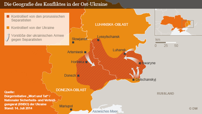 Konfliktzone, Karte der Ostukraine (Grafik: DW)