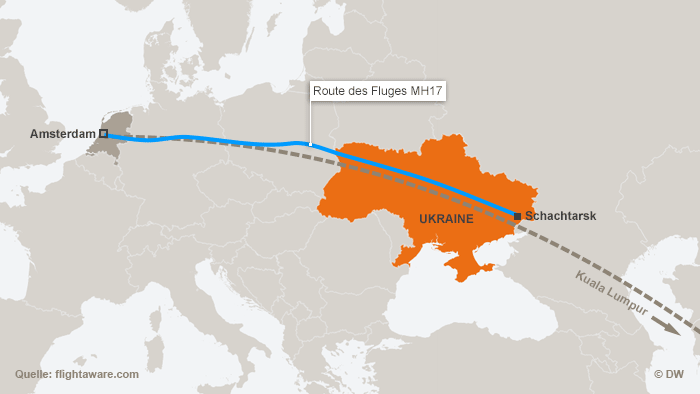 Karte Route des Fluges MH17 bis zum Absturz