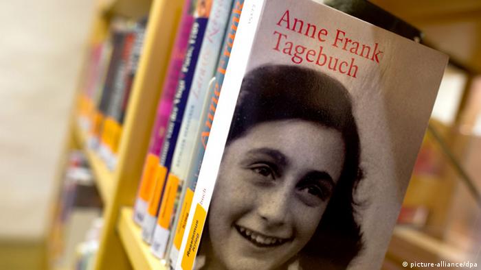 Shelf with books about Anne Frank in the state library of Pirna in Saxony, Germany.