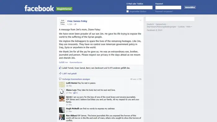 Screenshot eines auf Facebook veröffentlichten Offenen Briefs von James Foleys Mutter