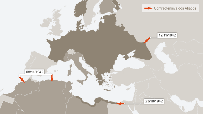 Mapa com rota de tropas em 1942