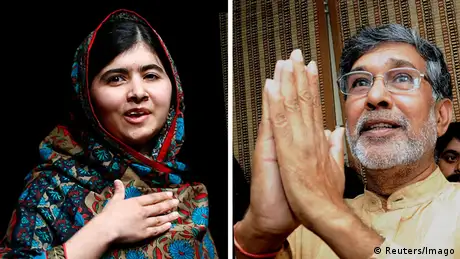 Malala Yousafzai with her hand on her heart, Kailash Satyarthi with his hands together in a praying gesture 