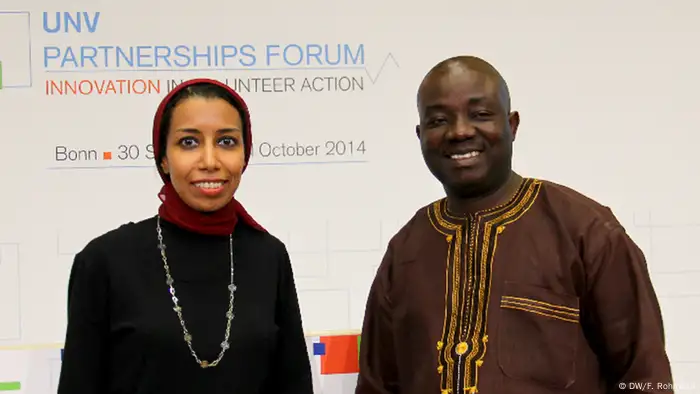 Media training for UN Volunteers, 30 September 2014. Workshop participants Samar Mohamed Wahba and Moses M. Zangar, Jr. Photo: Friederike Rohmann.