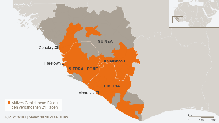 Karte Ebola Verbreitung am 10.10.2014