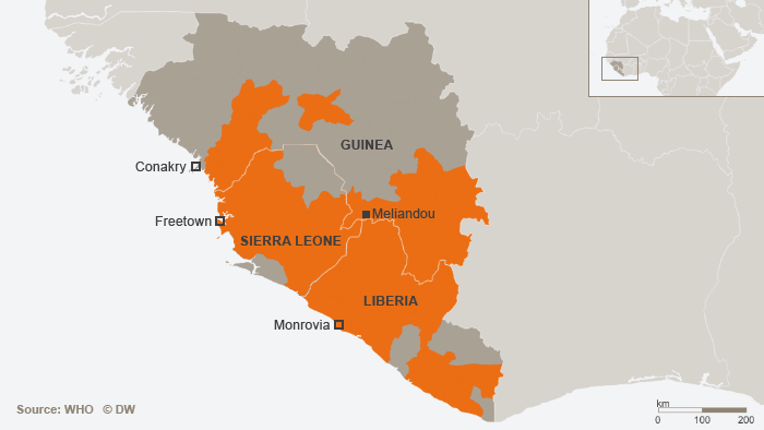 Карта распространения вируса Эбола в Западной Африке