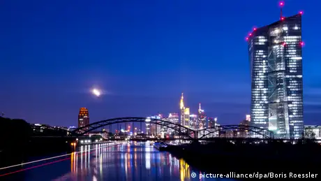 Frankfurt skyline with the buildings all lit up at night