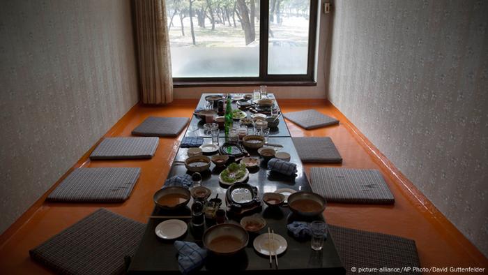 Leftovers from lunch in a North Korean restaurant.