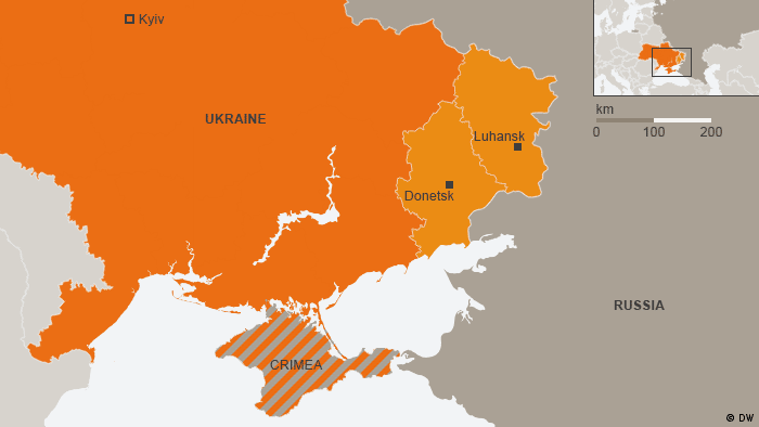 Map showing Ukraine's capital Kiev in the west and Donetsk, Luhansk in the east