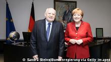 BERLIN, GERMANY - NOVEMBER 10: In this photo provided by the German Government Press Office (BPA) German Chancellor Angela Merkel (R) meets with former President of the Soviet Union Mikhail Gorbachev at the Chancellery on November 10, 2014 in in Berlin, Germany. (Photo by Sandra Steins/Bundesregierung via Getty Images)