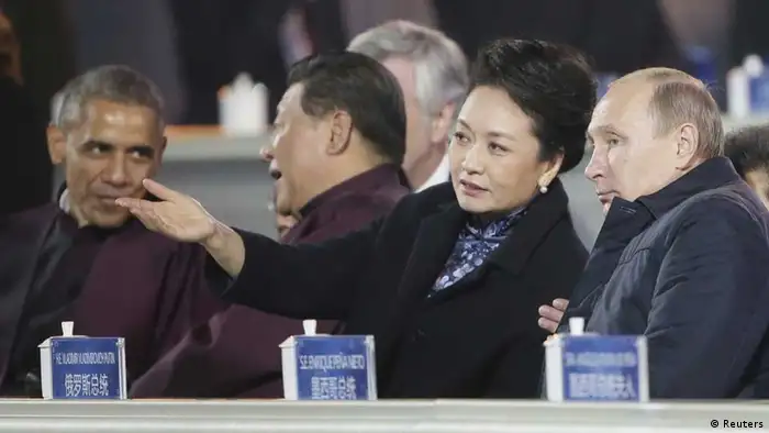 Barack Obama, Xi Jinping mit Ehefrau Peng Liyuan und Wladimir Putin in Beijing