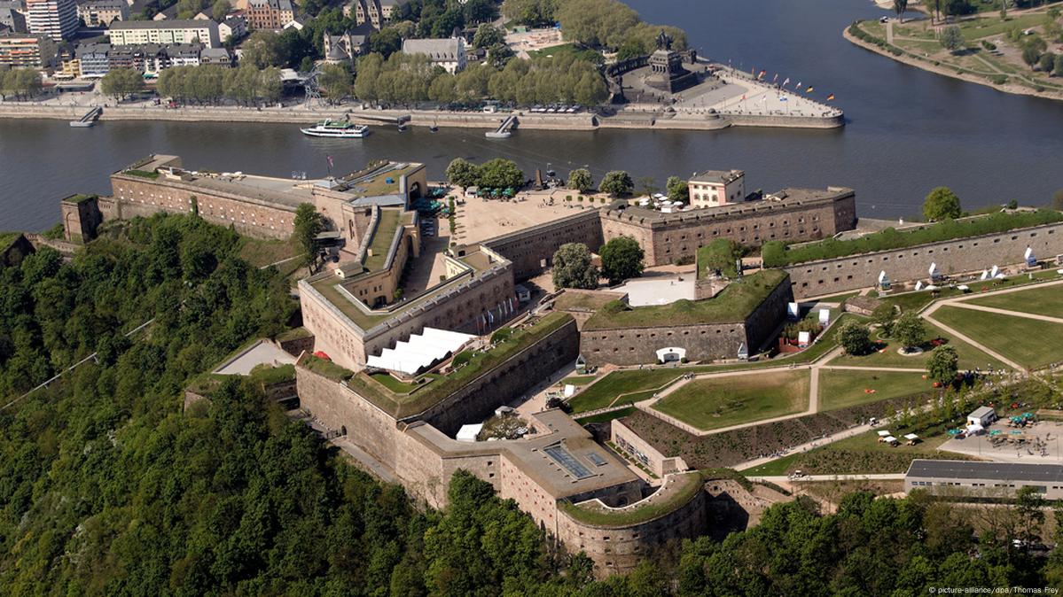 Koblenz, Germany. 30th Apr, 2020. Ehrenbreitstein Fortress, the largest  part of the major Koblenz fortress, is situated high above the Rhine with a  view of the city and the Deutsches Eck at