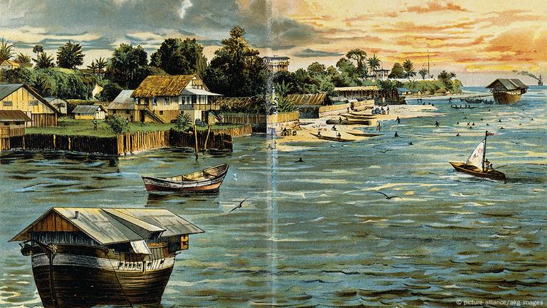 Illustration of Douala harbor during the colonial era