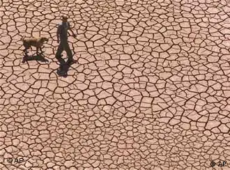 A man walks with a dog along a dry cracked reservoir bed in Alcora, Spain