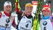 Biathlon Weltcup 12,5 km Massenstart Damen am 11.01.2015 in der DKB-Ski-Arena in Oberhof (Thüringen). Siegerin Darja Domratschewa (M) aus Weißrussland jubelt im Ziel neben der Zweitplatzierten Veronika Vitkova (r) aus Tschechien und der Drittplatzierten Tiril Eckhoff (l) aus Norwegen. (Foto: Martin Schutt/dpa) Biathlon Weltcup 12,5 km Massenstart Damen am 11.01.2015 in der DKB-Ski-Arena in Oberhof (Thüringen). Siegerin Darja Domratschewa (M) aus Weißrussland jubelt im Ziel neben der Zweitplatzierten Veronika Vitkova (r) aus Tschechien und der Drittplatzierten Tiril Eckhoff (l) aus Norwegen. (Foto: Martin Schutt/dpa)