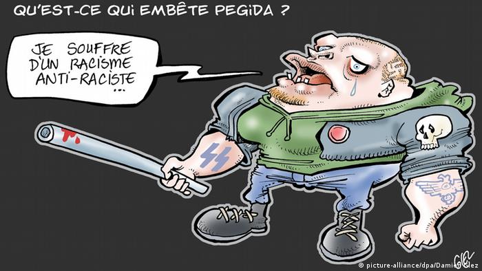 Eine Karikatur des französisch-burkinischen Künstlers Damien Glez, mit dem Titel Was ärgert Pegida am meisten? und der Sprechblase Ich leide unter Rassismus gegen Rassisten (über dpa)