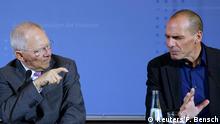 Greek Finance Minister Yanis Varoufakis and German Finance Minister Wolfgang Schaeuble (L) address a news conference following talks at the finance ministry in Berlin February 5, 2015. Promising to end five years of austerity, Greek Prime Minister Alexis Tsipras and Varoufakis, are meeting senior officials across Europe to seek support for a new debt agreement. REUTERS/Fabrizio Bensch (GERMANY - Tags: BUSINESS POLITICS TPX IMAGES OF THE DAY)
