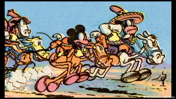 Bildergalerie Ausstellung Going West!, Floyd Gottfredson (1905–1986): Mickey Mouse (im Comic ab 1930) Sonntagsseite des Sunday Mirror vom 23. April 1933