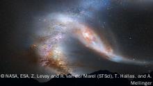 Die kommende Verschmelzung von unserer Milchstraße und der Andromeda-Galaxie After its first close pass, Andromeda is tidally stretched out. The Milky Way, too, becomes warped. Credit: NASA, ESA, Z. Levay and R. van der Marel (STScI), T. Hallas, and A. Mellinger