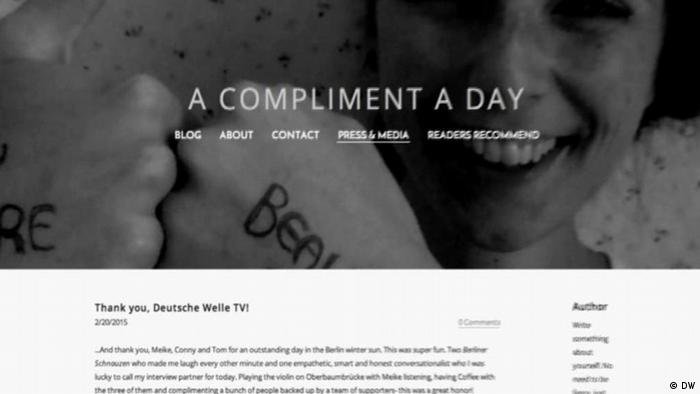 Bild des Internet-Blogs a compliment a day mit einem Bild von Rosa Starks Gesicht und Händen. Unter dem Bild steht ein Beitrag mit dem Titel Thank you Deutsche Welle TV