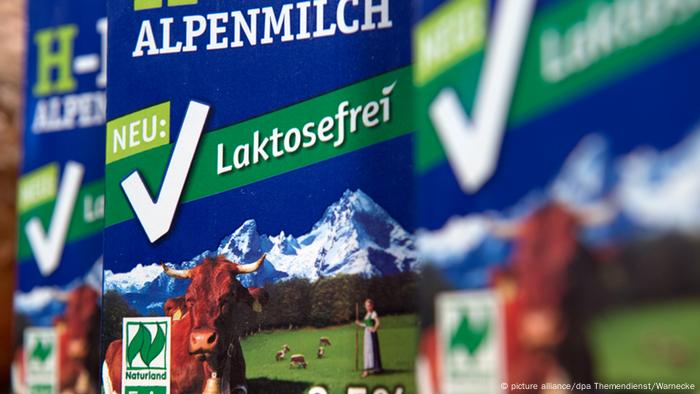 Alpine milk packaging labeled lactose free