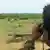 A member of the Black Mambas peers through binoculars at two rhinos