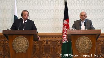 Afghan President Ashraf Ghani (R) speaks during a press conference while Pakistani Prime Minster Nawaz Sharif (L) looks on at the Presidential palace in Kabul on May 12, 2015 (Photo: SHAH MARAI/AFP/Getty Images)