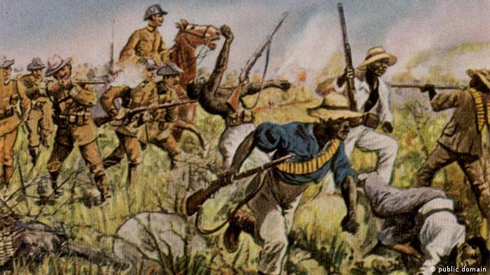 Crtež na kojem se vidi kako se njemačke kolonijalne trupe bore protiv naroda Herero 1904. godine.