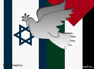 A dove superimposed on montage of Israeli and Palestinian flags