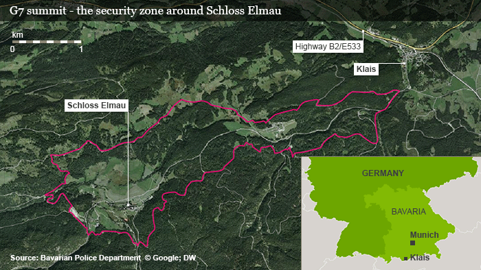 Karte Infografik Absperrzone G7 Schloss Elmau Englisch