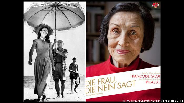 Françoise Gilot und Pablo Picasso auf einem Schwarzweißfoto, daneben das Cover des Buchs Die Frau, die nein sagt