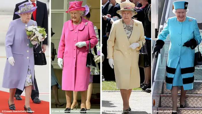 Bildkombo Queen Elizabeth II, einmal in Lila, in Pink, in Ocker und in Türkis. Foto: dpa