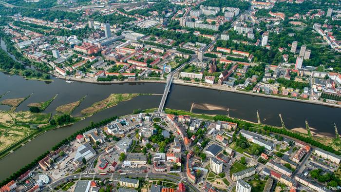 Aerial view of the border towns of Slubice and Frankfurt on both banks of the Oder river