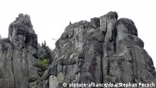 Auf den großen kahlen Felsen der Externsteine genießen Touristen die Aussicht über den Teutoburger Wald in Deutschland. (Foto: picture-alliance/dpa/Stephan Persch)