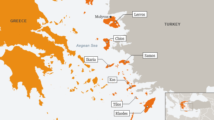 Karte Flüchtlinge auf griechischen Inseln Englisch
